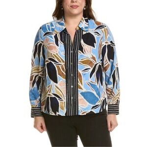 NIC+ZOE Women's Floral Print Button-Down Shirt‎ Blouse Top Blue Brown 2X